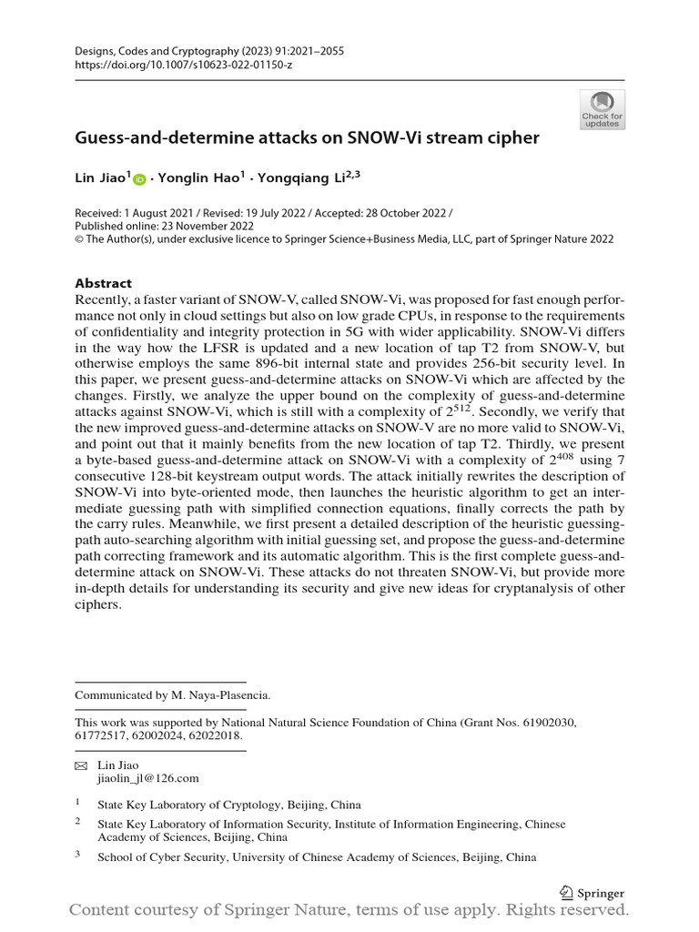 SNOW-Vi Stream Cipher Attacks Analysis | PDF | Cryptography | Cryptanalysis
