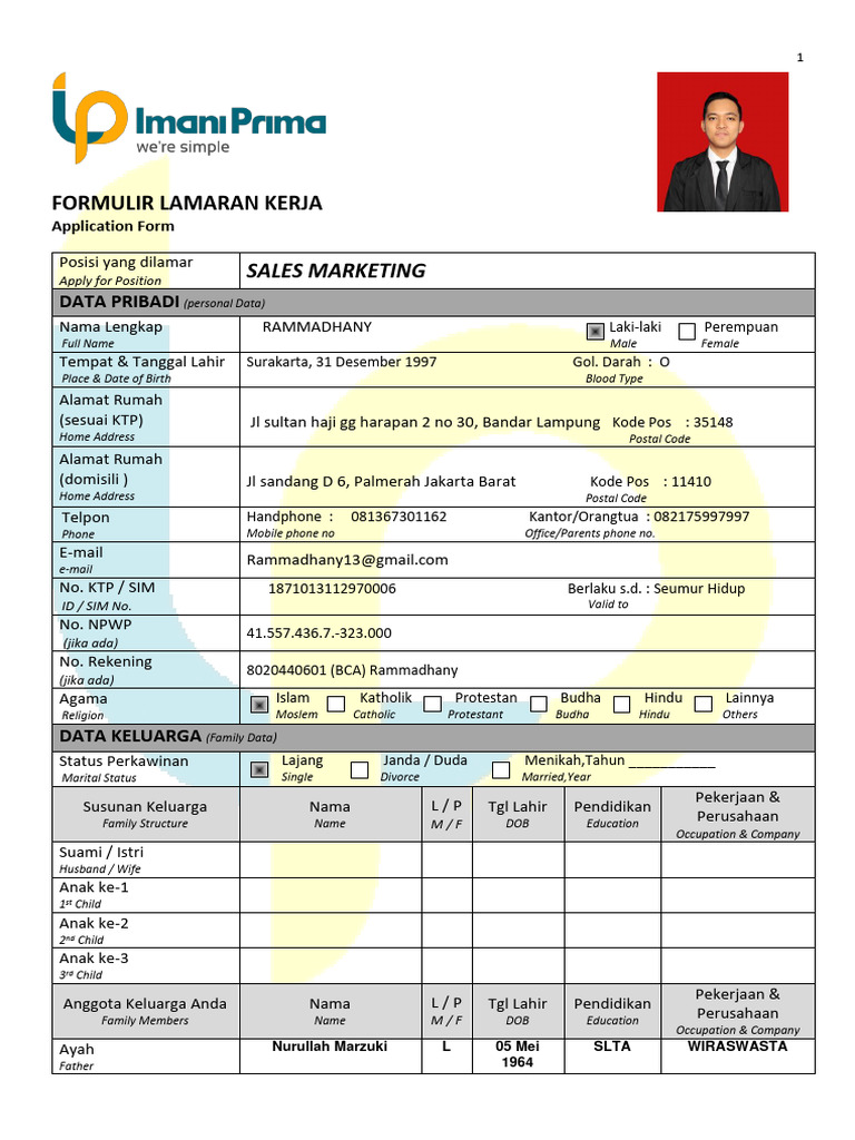 Formulir Lamaran Kerja Sales Marketing | PDF