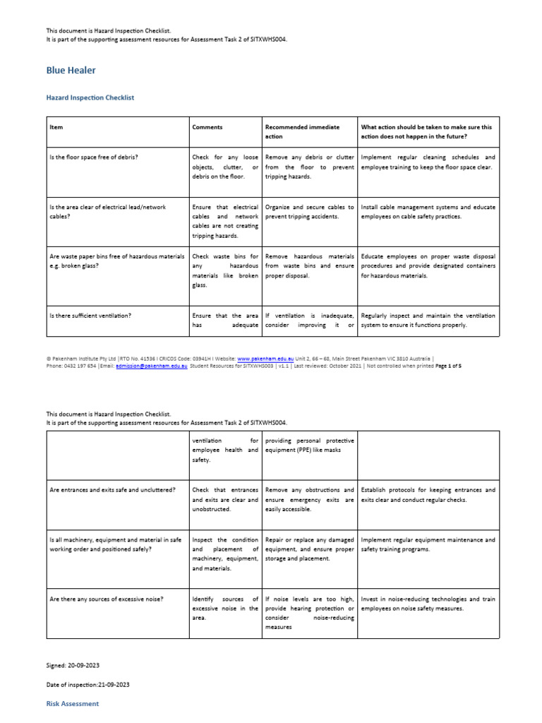 Hazard Inspection Checklist Guide | PDF | Risk | Personal Protective ...