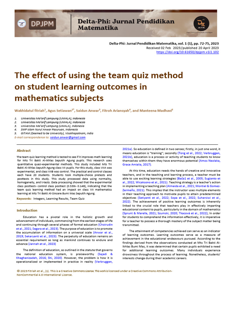 Impact of Team Quiz on Math Learning | PDF | Student's T Test ...