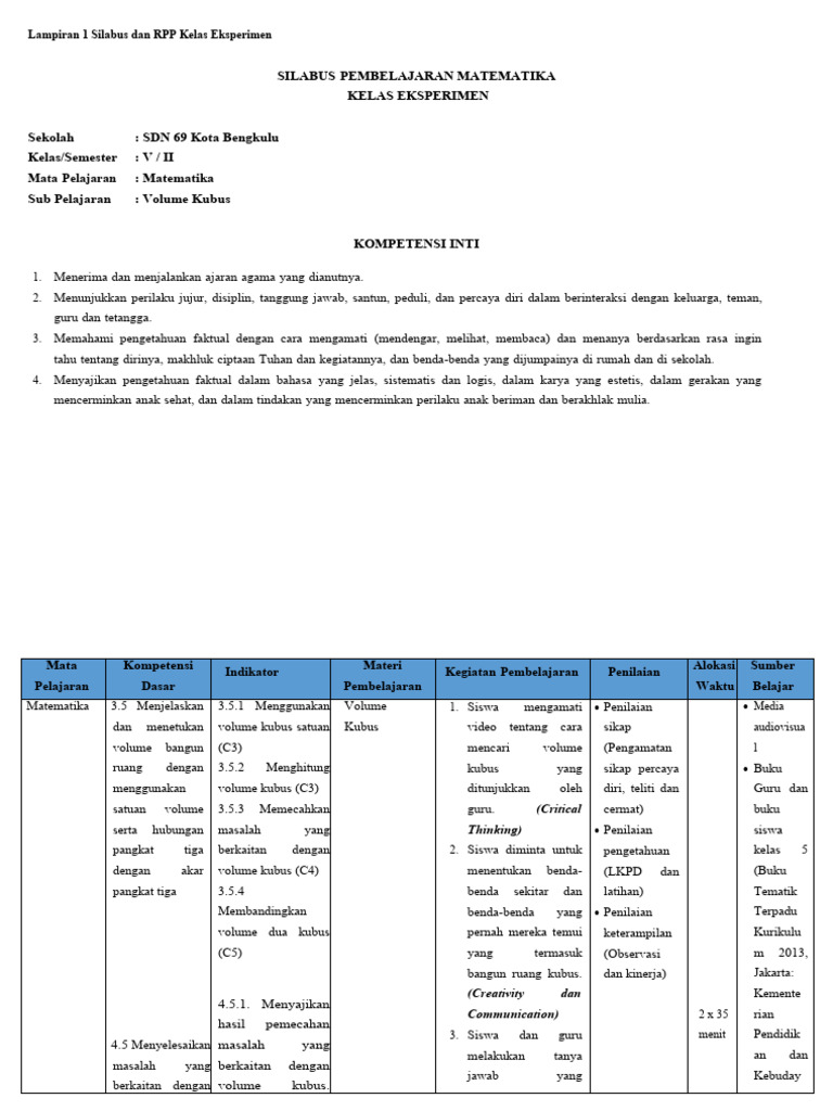 Lampiran 1 Silabus Dan RPP Kelas Eksperimen | PDF