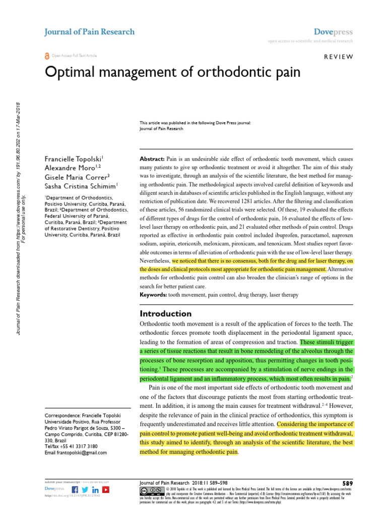 Optimal Management of Orthodontic Pain PDF Orthodontics Pain
