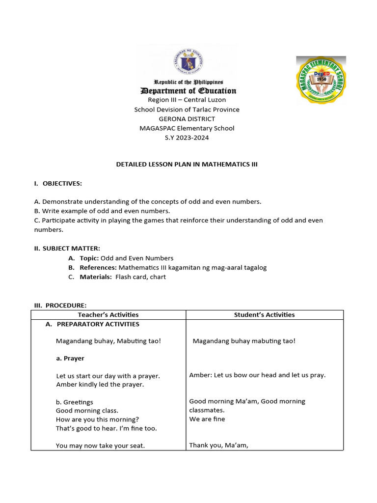 Odd and Even Numbers Lesson Plan | PDF | Cognition | Learning