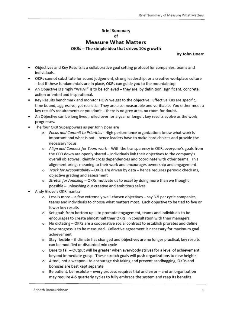 Brief summary of measure what matters pdf goal setting goal