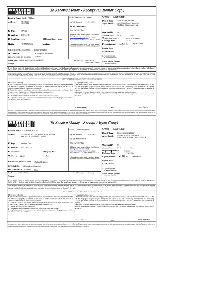 Western Union Money Transfer Receipt | PDF | Cheque | Money
