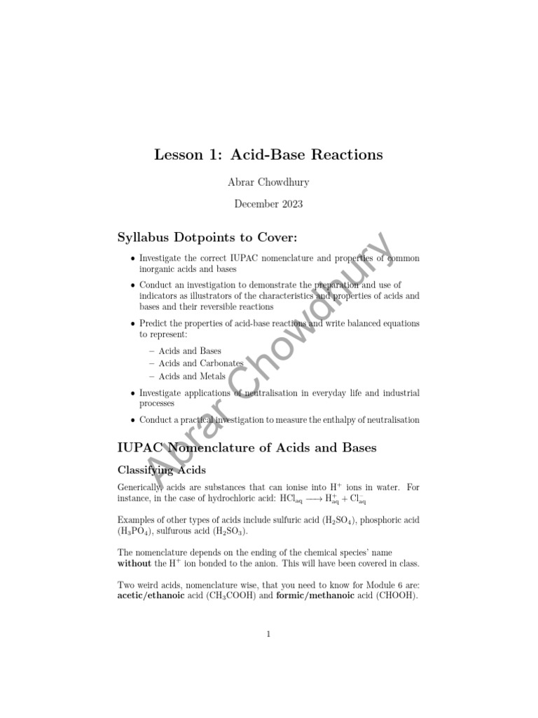 Lesson 1 Notes | PDF | Acid | Chemical Equilibrium