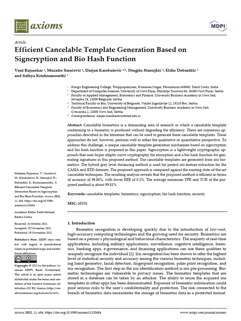 Efficient Cancelable Template Generation Based On | PDF | Biometrics ...