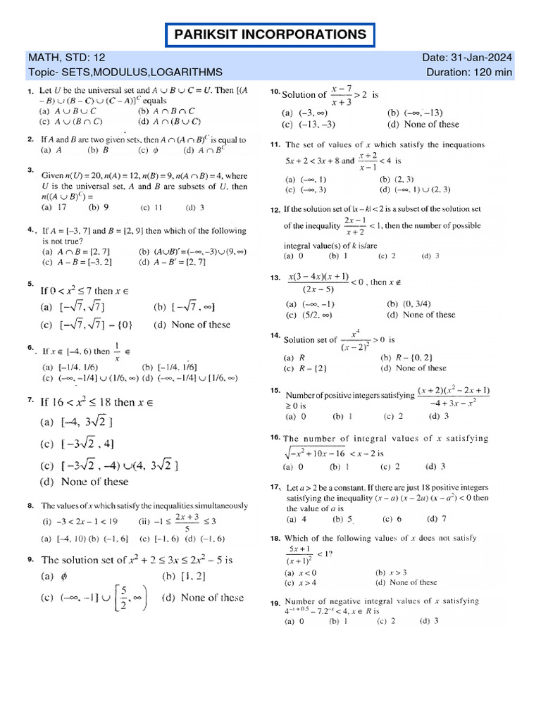Sets Modulus And Logarithms Pdf