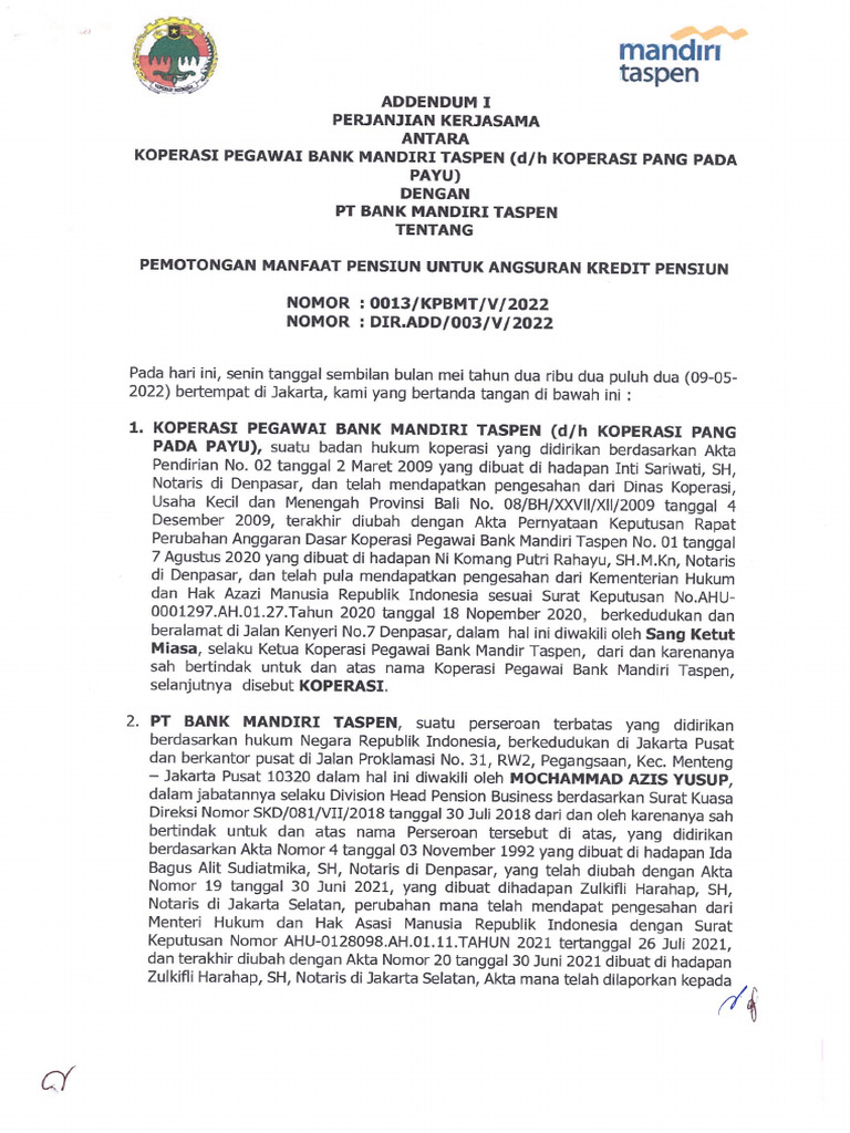 Addendum I Pks Koperasi Pegawai Bank Mantap DG Bank Mantap Pemotongan ...