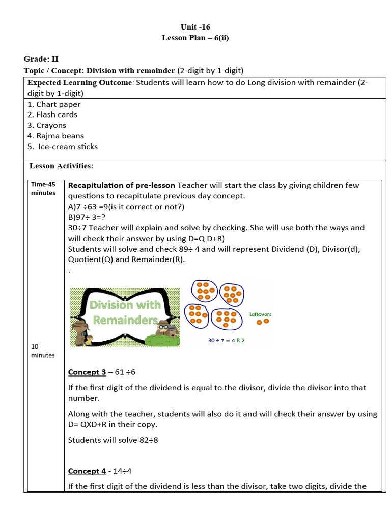 Unit 16 Day 1 Division With Remainder Pdf Elementary