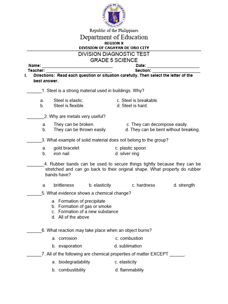 Grade 5 Science Diagnostic Test | PDF | Flowers | Reproductive System