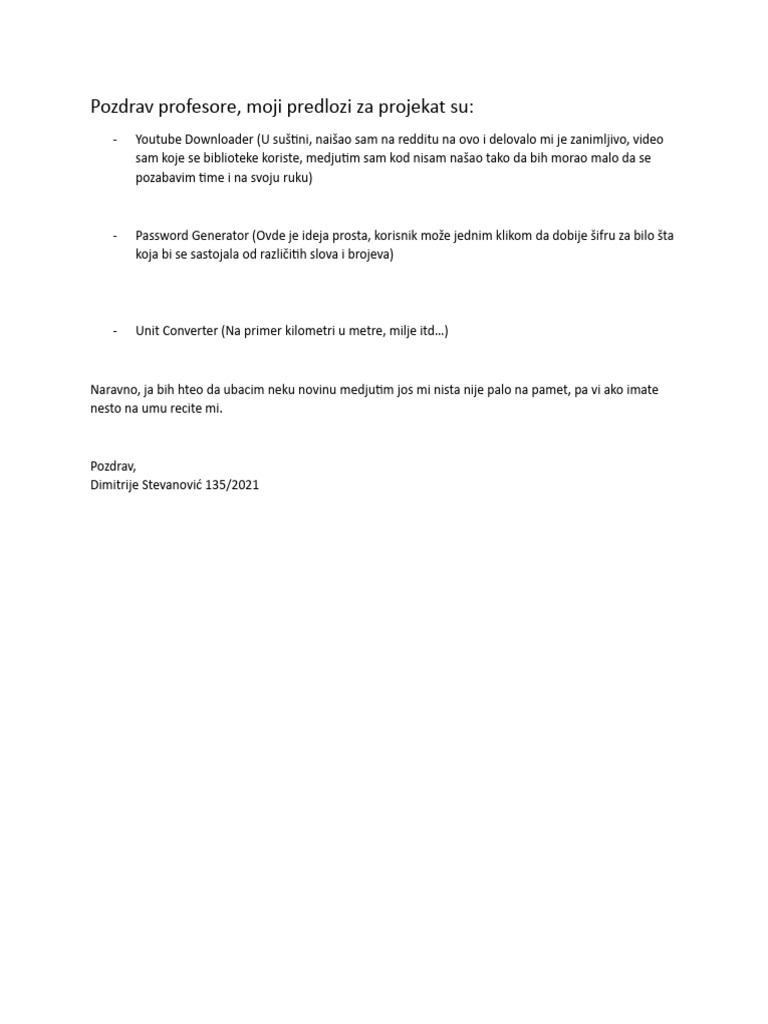 Predlog Za Projekat | PDF