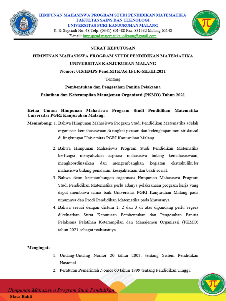Pembentukan Panitia PKMO 2021 HMPS Matematika | PDF