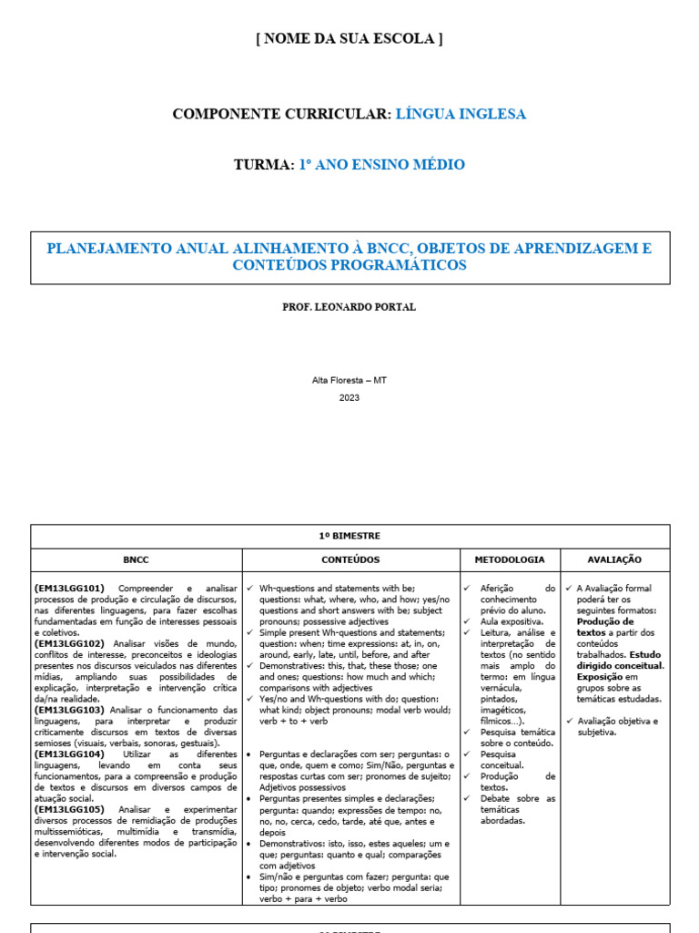 Planejamento Anual de Língua Inglesa 1º Ano | PDF | Conhecimento ...