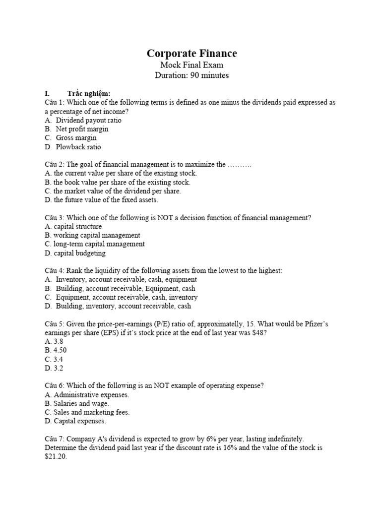 Corporate Finance Mock Exam Guide | PDF | Dividend | Net Present Value
