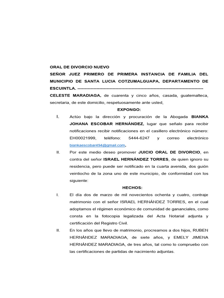 Demanda de Juicio Oral de Divorcio Escobar H | PDF | Demanda judicial