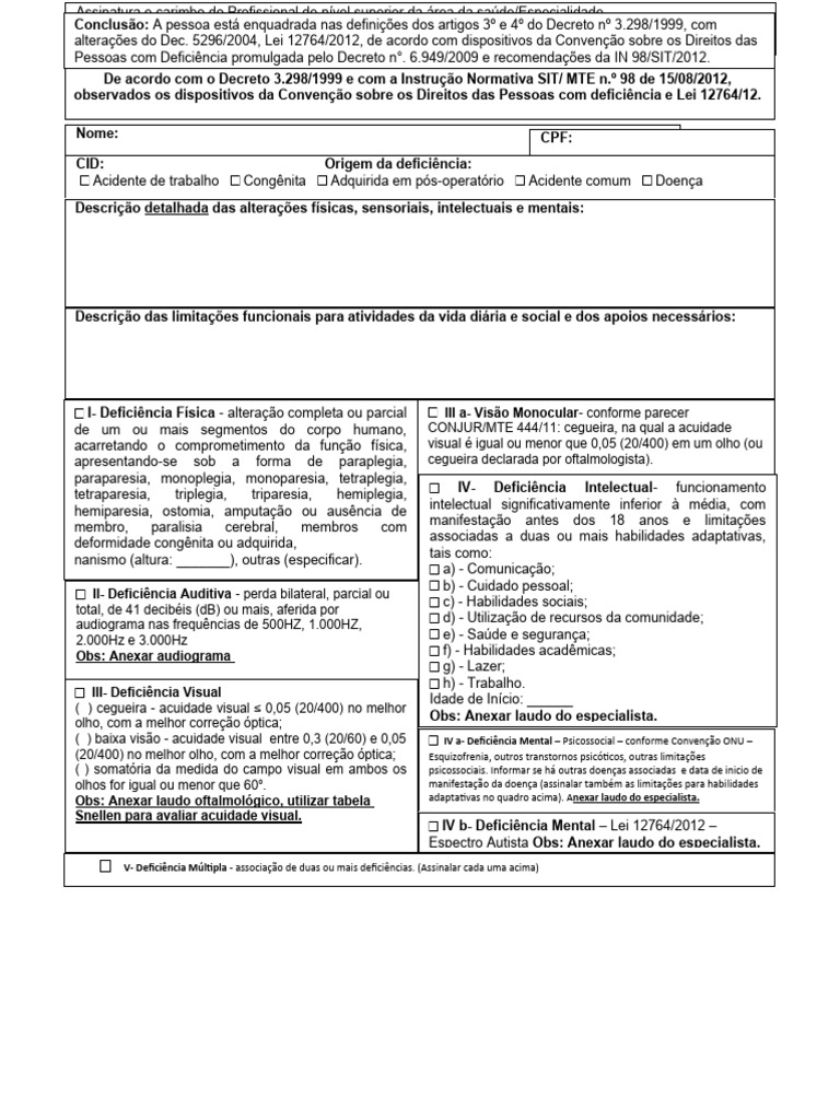 Laudo Caracterizador de Deficiência 2024 | PDF | Deficiência visual ...