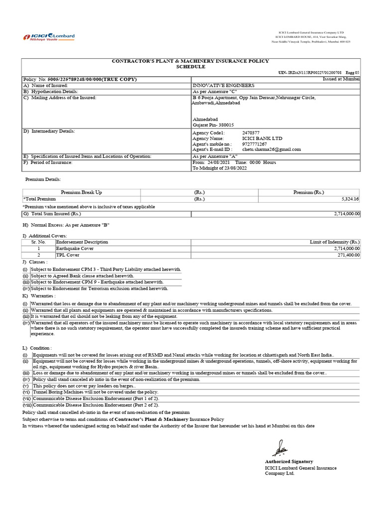 ICICI Lombard Motor Insurance Policy Details | PDF | Liability ...
