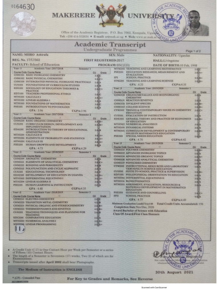 Academic Transcript Miiro Makerere University | PDF