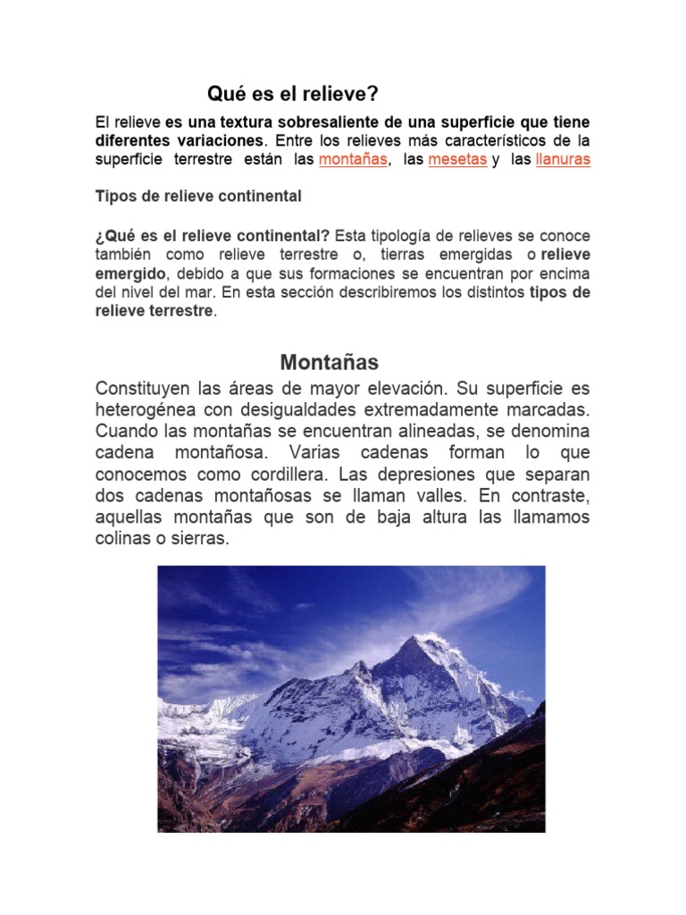 Tipos y definición de relieve terrestre | PDF | Terreno | Meseta