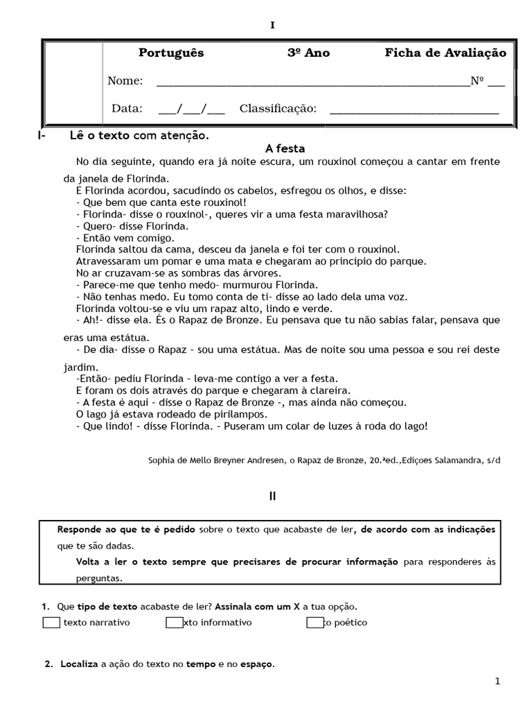 Ficha de Avaliacao de Portugues 3º Ano | PDF | Linguística | Famílias ...