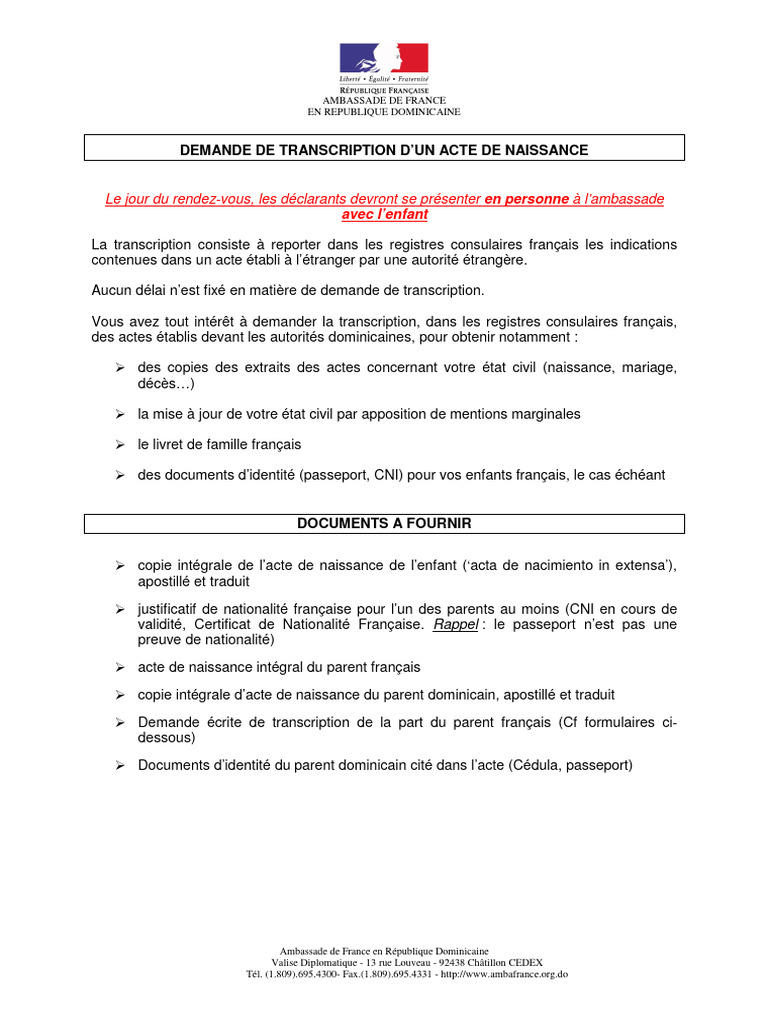 Demande de transcription acte de naissance | PDF | Certificat de ...