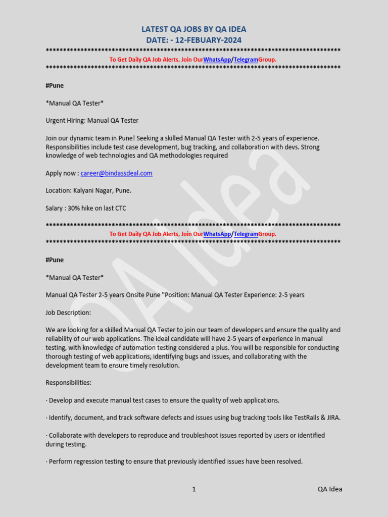 Latest QA Job Openings in Pune | PDF | Software Testing | Quality Assurance