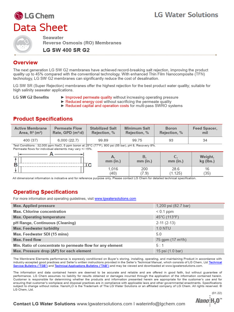 LG SW 400 G2 Membrane Data Sheet | PDF | Membrane | Physical Sciences