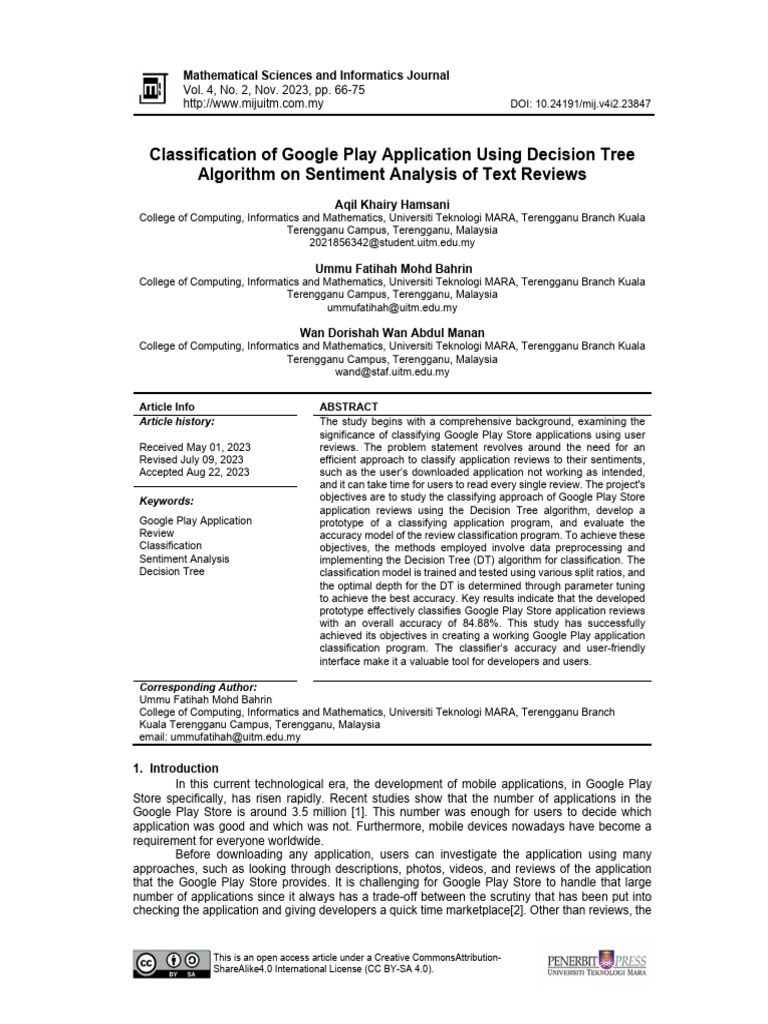 Classification of google play application using decision tree pdf