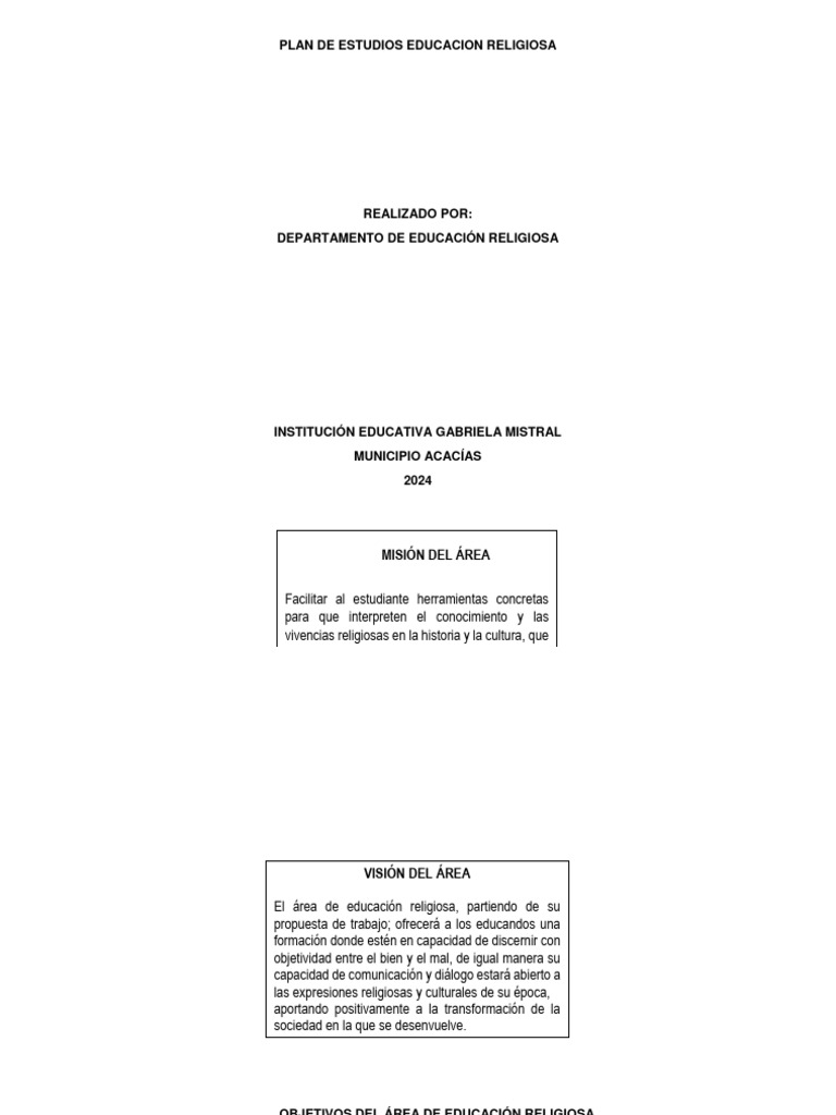 Plan de Estudios Educacion Religiosa 2024 | PDF | Evaluación | Plan de ...