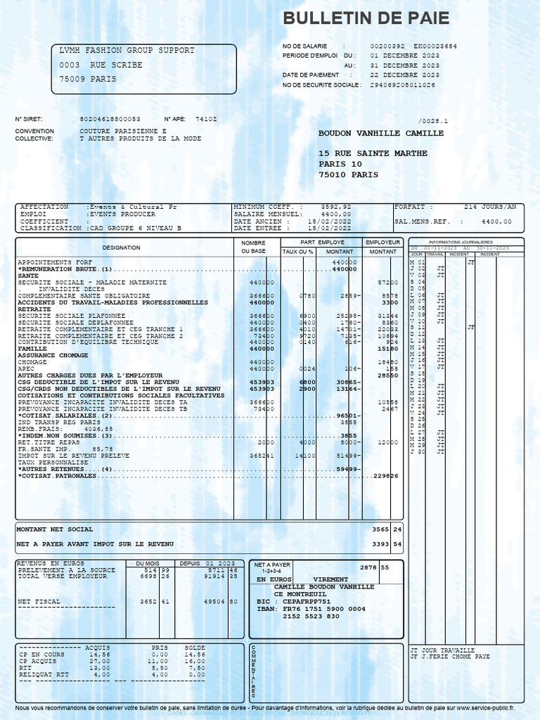 Bulletin de paie de Camille Boudon | PDF | Impôt sur le revenu ...