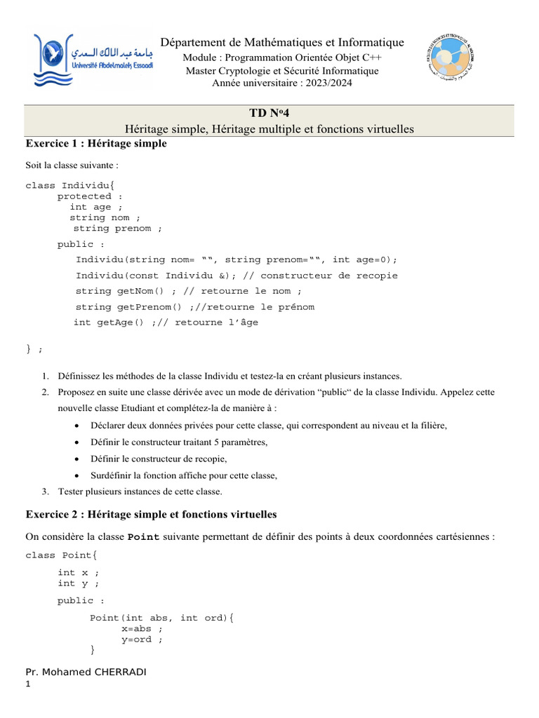 Héritage en C++ : Exercices pratiques | PDF | Programmation ...