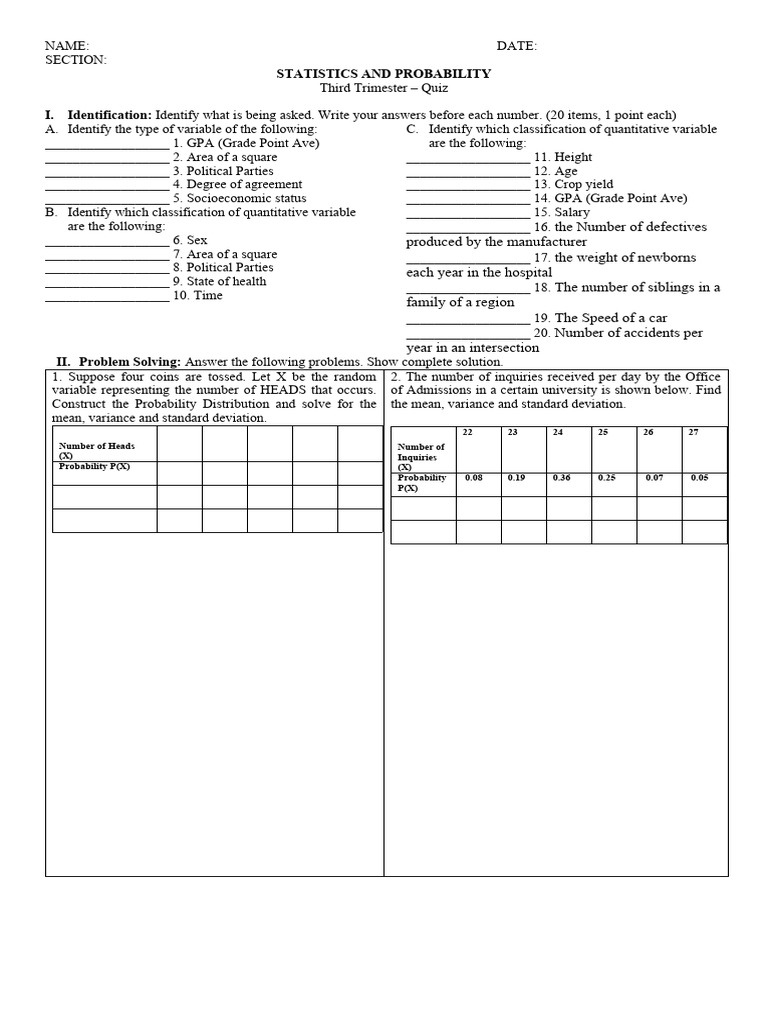 Statistics and Probability Quiz Guide | PDF | Variance | Standard Deviation