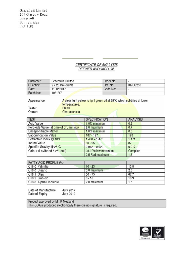 Certificate of Analysis: Refined Avocado Oil | PDF