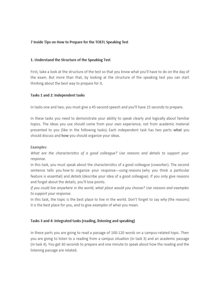 TOEFL Speaking Test Preparation Tips | PDF | Fluency | Accent ...