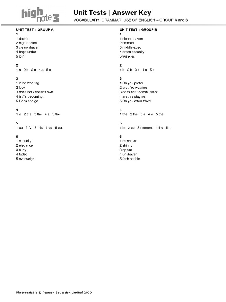Unit Tests Answer Key: Groups A & B | PDF