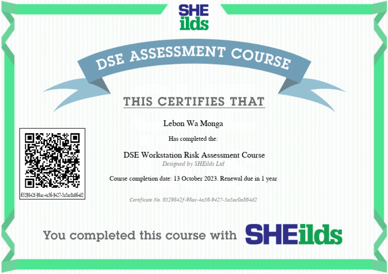 DSE Workstation Risk Assessment CourseCourse Completion Certificate