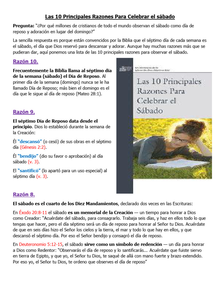 Las 10 Principales Razones para Celebrar El Sábado | PDF | Shabat | Dios