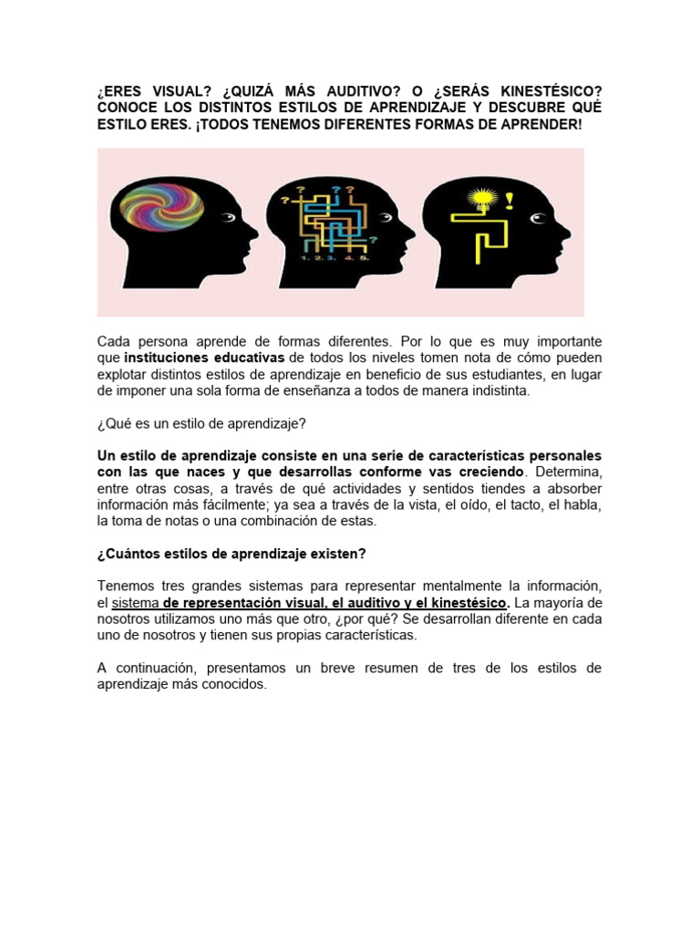 Estilos de Aprendizaje: Descúbrelos Aquí | PDF | Aprendizaje ...