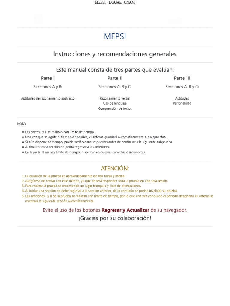 Instrucciones para el Examen MEPSI UNAM | PDF