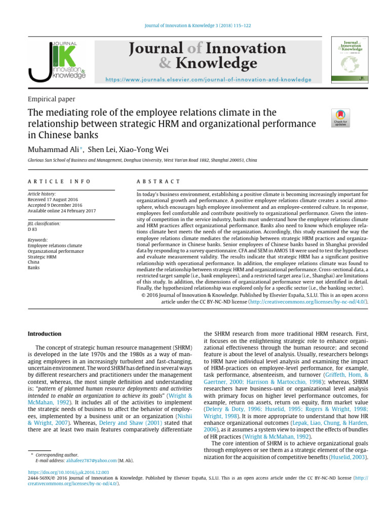The Mediating Role of ERC in The Relationship Between SHRM & OP | PDF ...