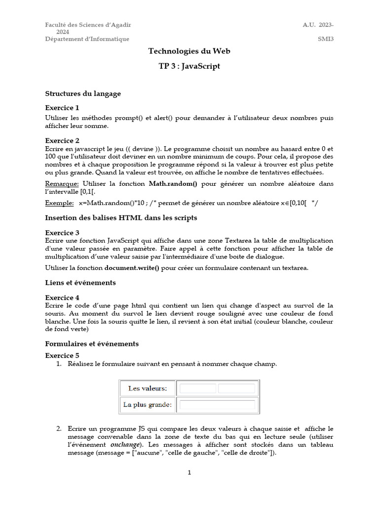 Exercices de JavaScript 2023 | PDF | JavaScript | Html