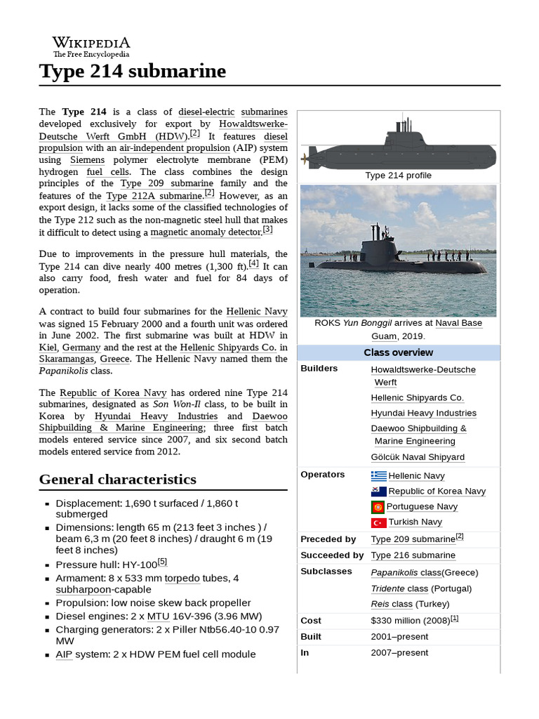 Type 214 Submarine Overview and Issues | PDF | Naval Warfare | Submarines