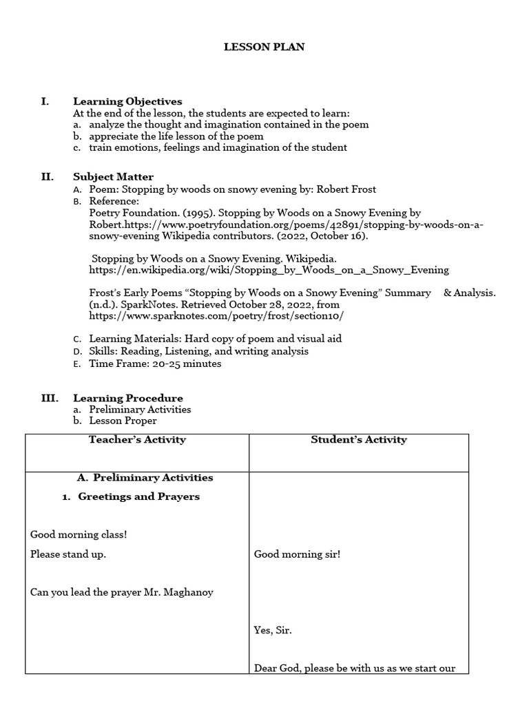 Detailed Lesson Plan of Poem | PDF