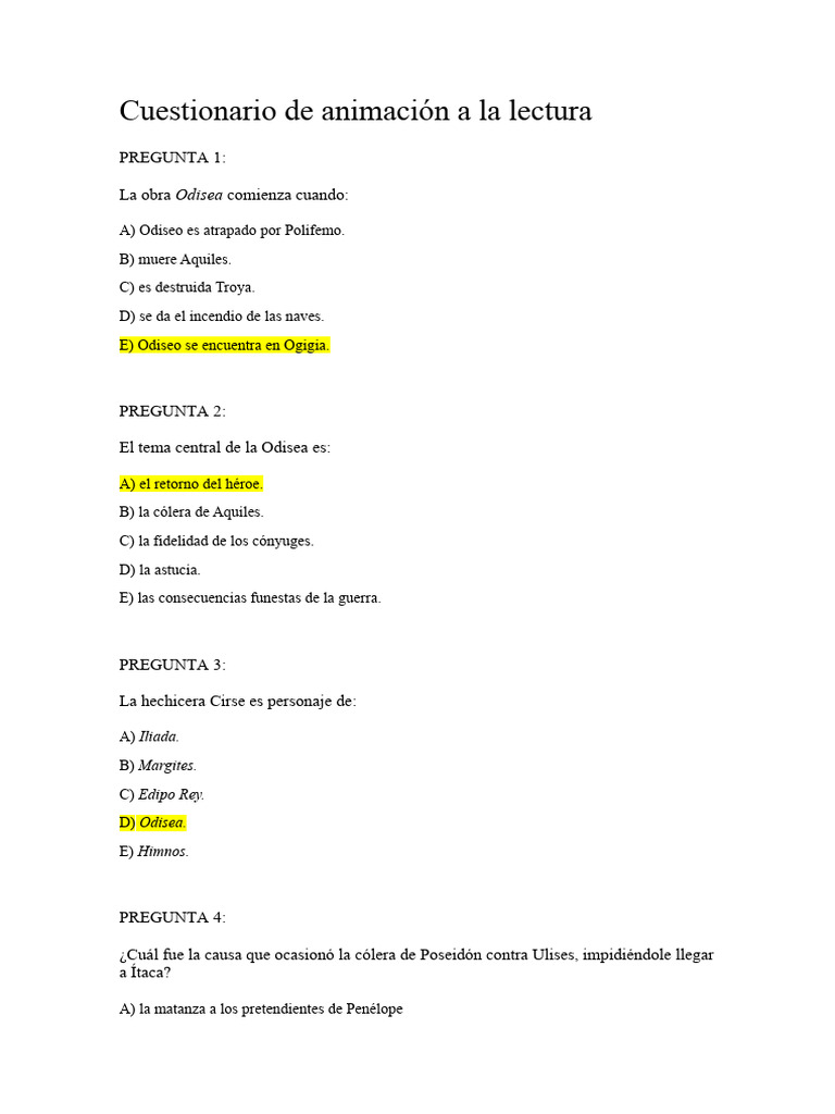 Cuestionario de Animación A La Lectura | PDF | Odiseo | Odisea