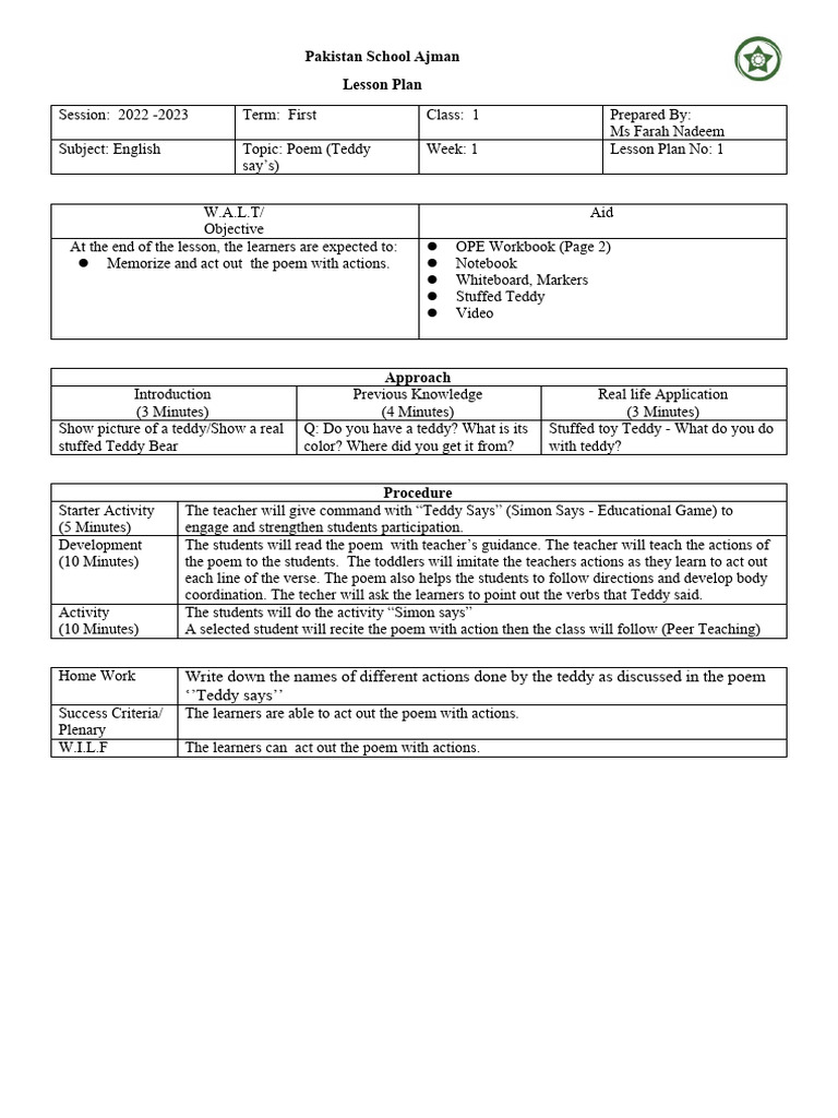 Pakistan School Ajman Lesson Plan | PDF | Lesson Plan | Learning