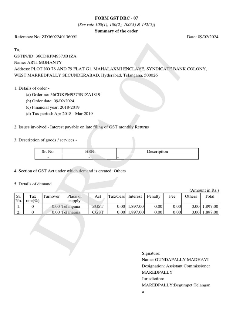 GST DRC-07 Order Summary for Arti Mohanty | PDF
