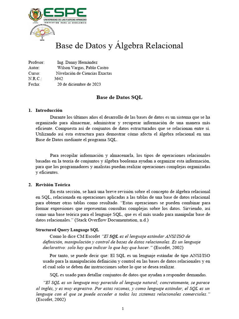 Álgebra Relacional en Bases de Datos SQL | PDF | Base de datos ...