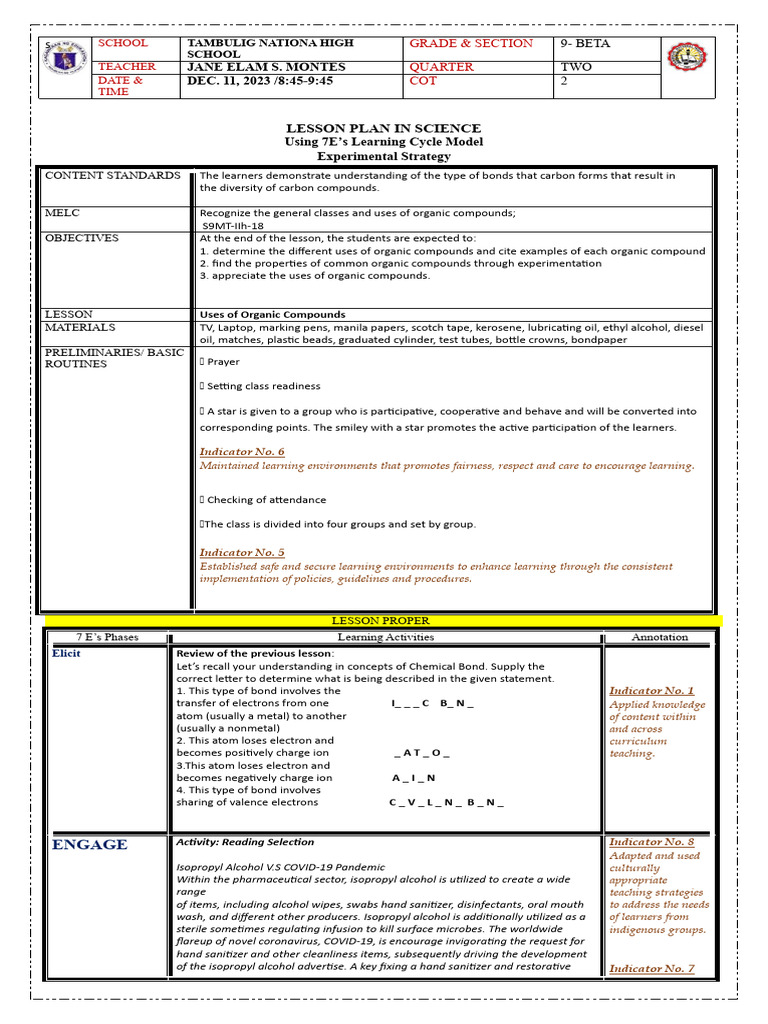 7E Lesson Plan: Organic Compounds in Science | PDF | Dominance ...