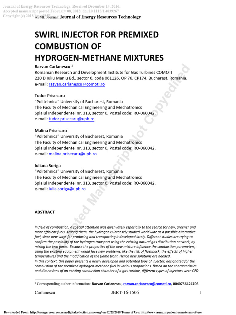 2018 - Carlanescu - Swirl Injector For Premixed Combustion of Hydrogen ...